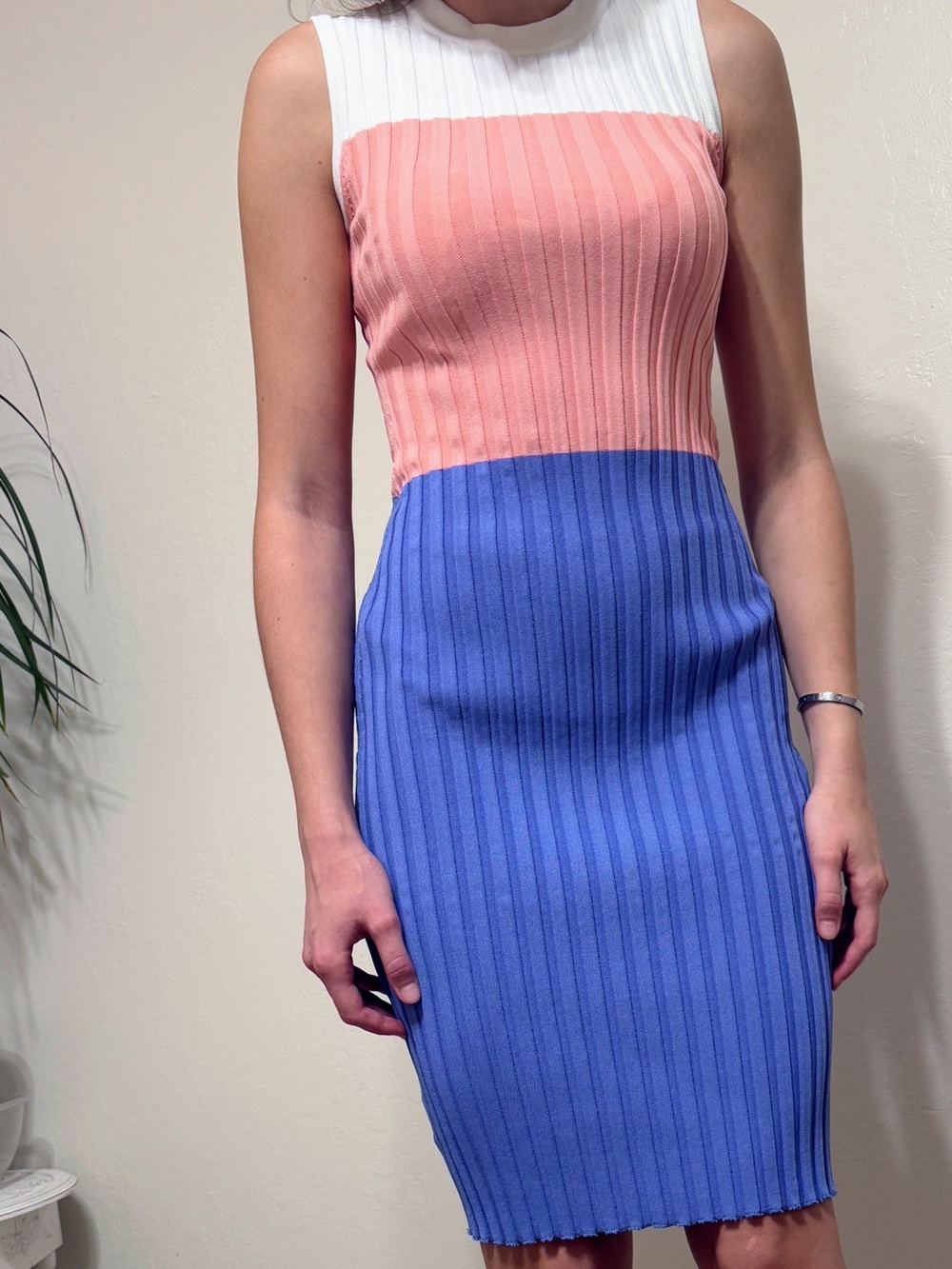 Altuzarra Colorblock Ribbed Knit Midi Dress Coral Blue White Size S